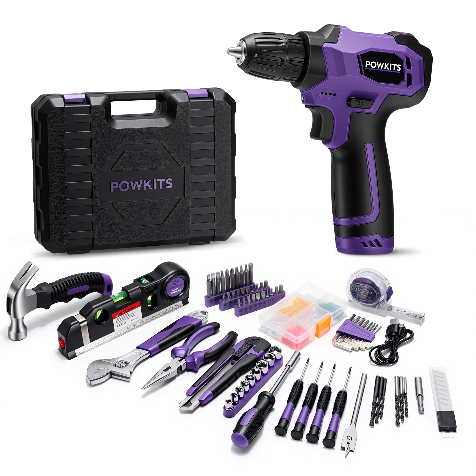 POWKITS 139pcs 8V Cordless Drill Set with Li-Ion Battery
