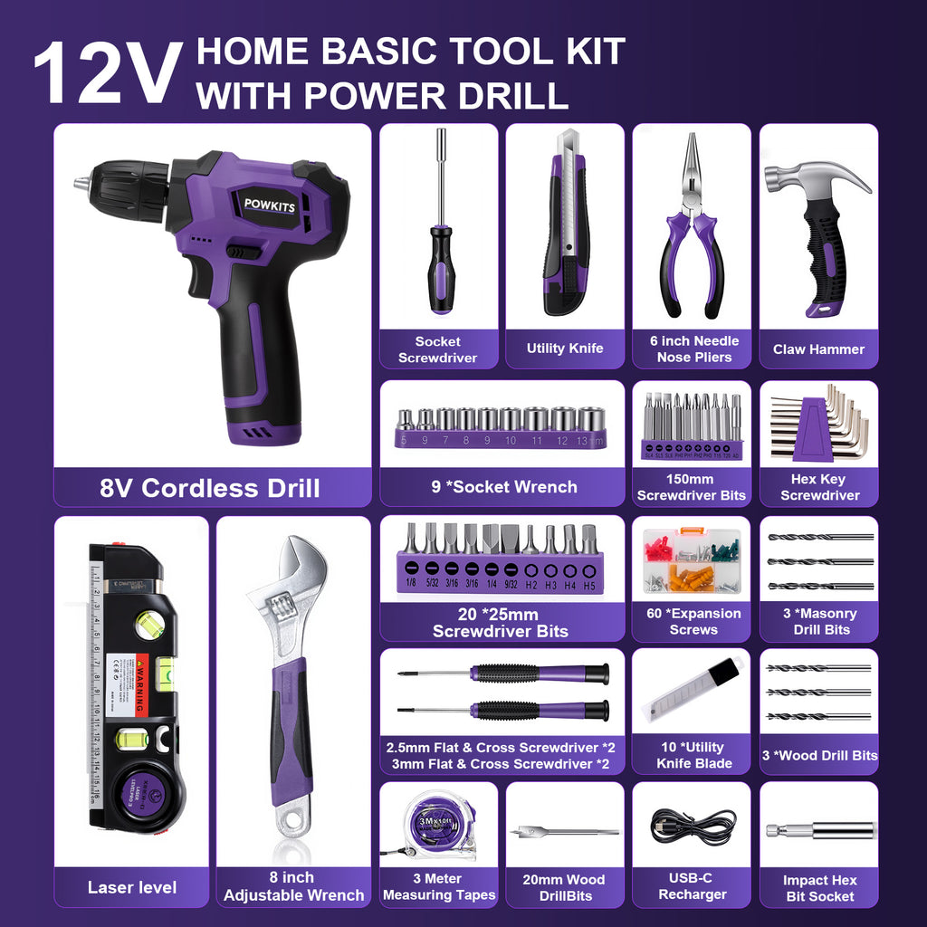 POWKITS 139pcs 8V Cordless Drill Set with Li-Ion Battery