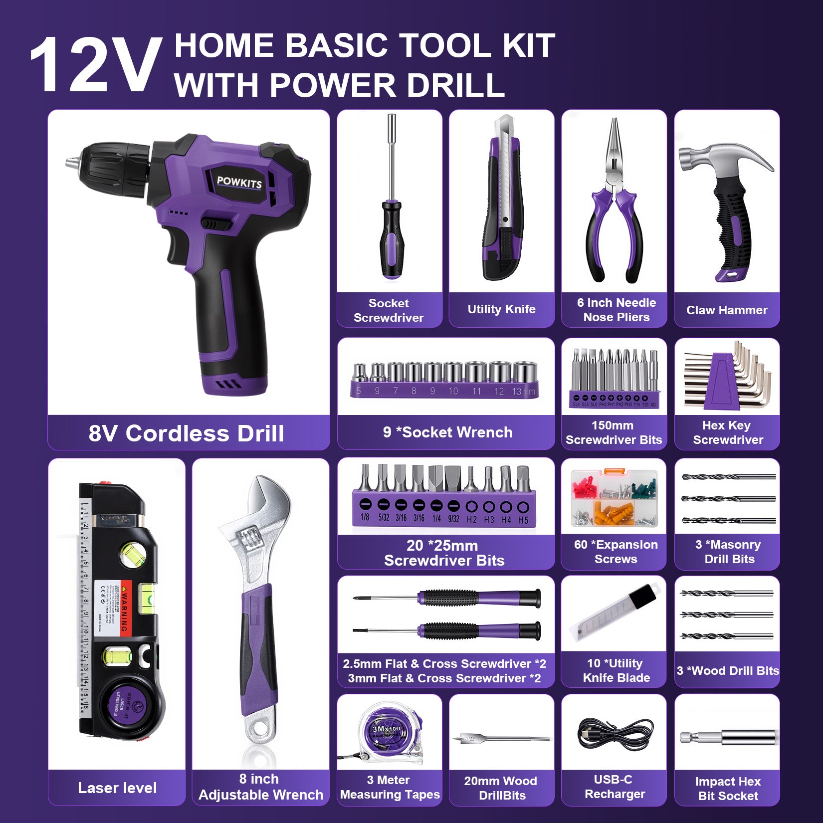 POWKITS 139pcs 8V Cordless Drill Set with Li-Ion Battery