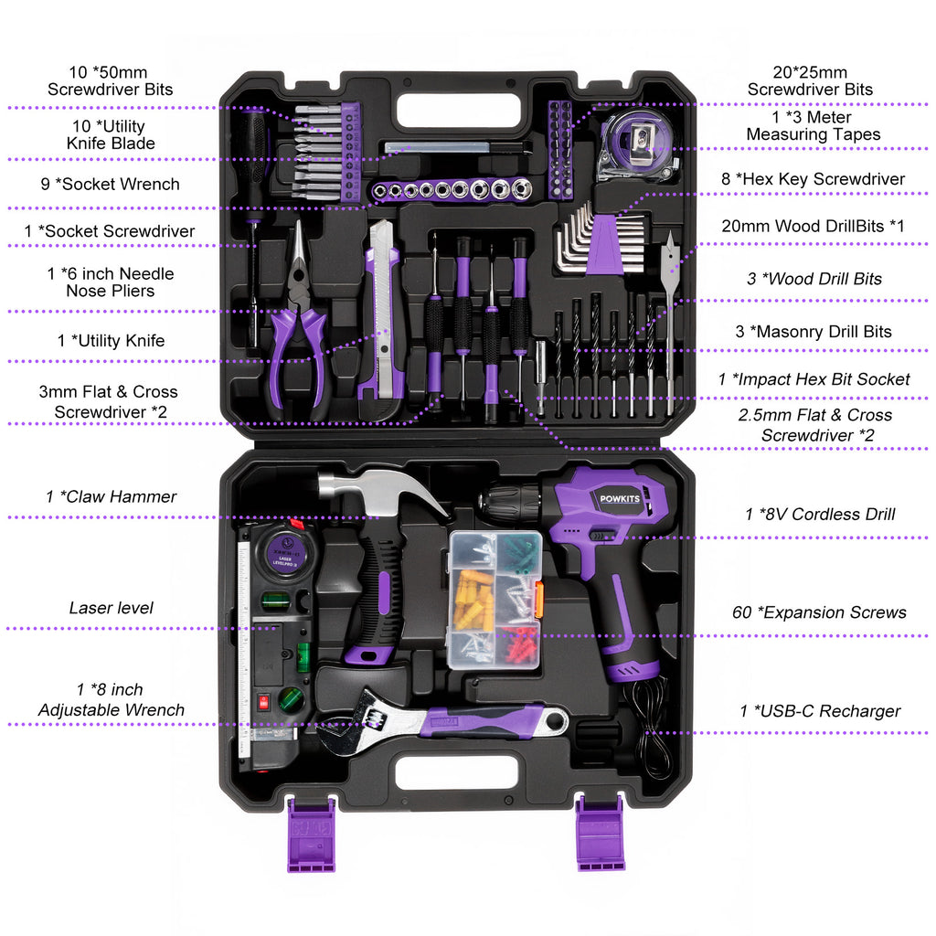 POWKITS 139pcs 8V Cordless Drill Set with Li-Ion Battery