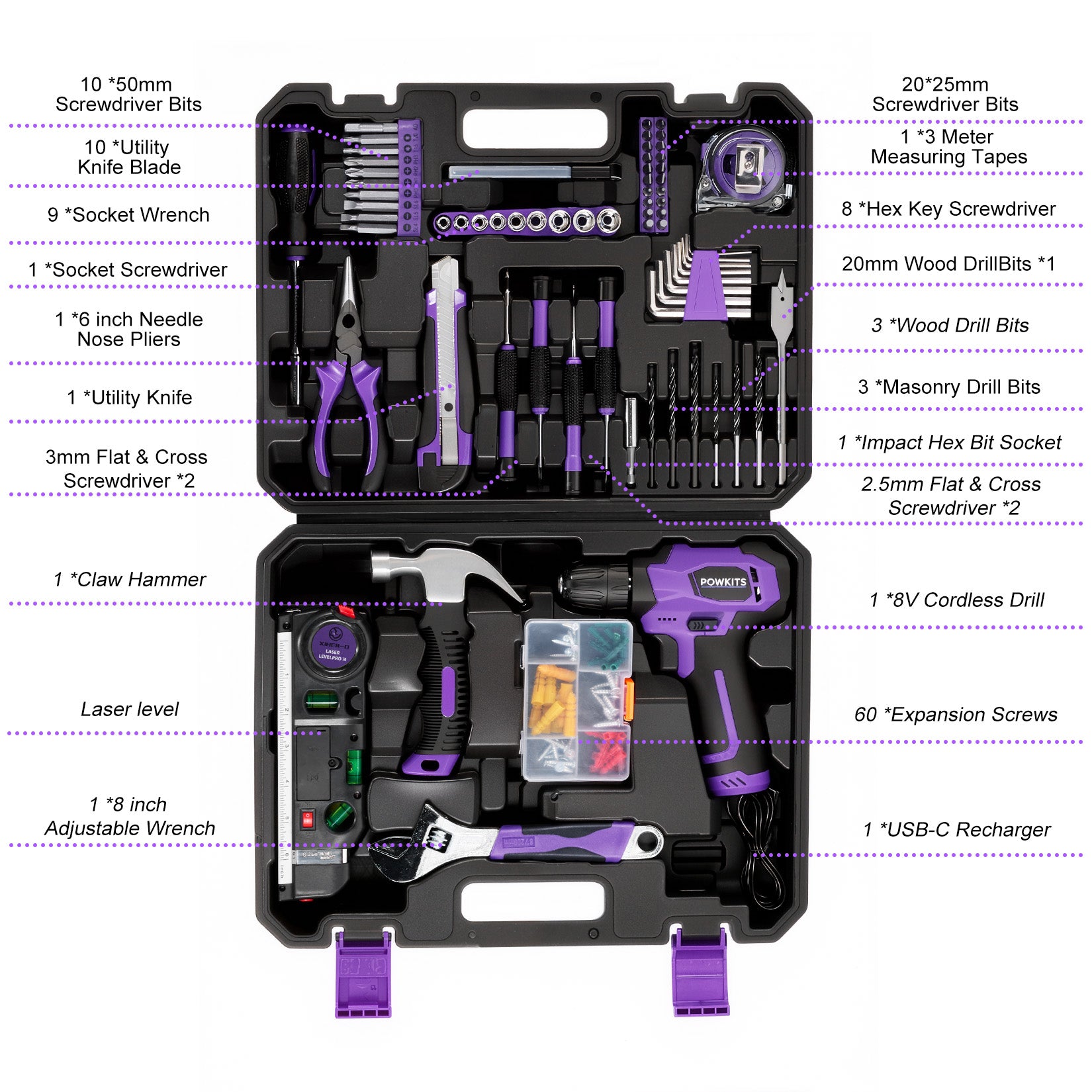 POWKITS 139pcs 8V Cordless Drill Set with Li-Ion Battery