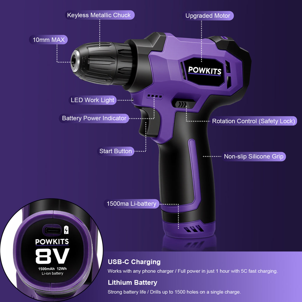 POWKITS 139pcs 8V Cordless Drill Set with Li-Ion Battery