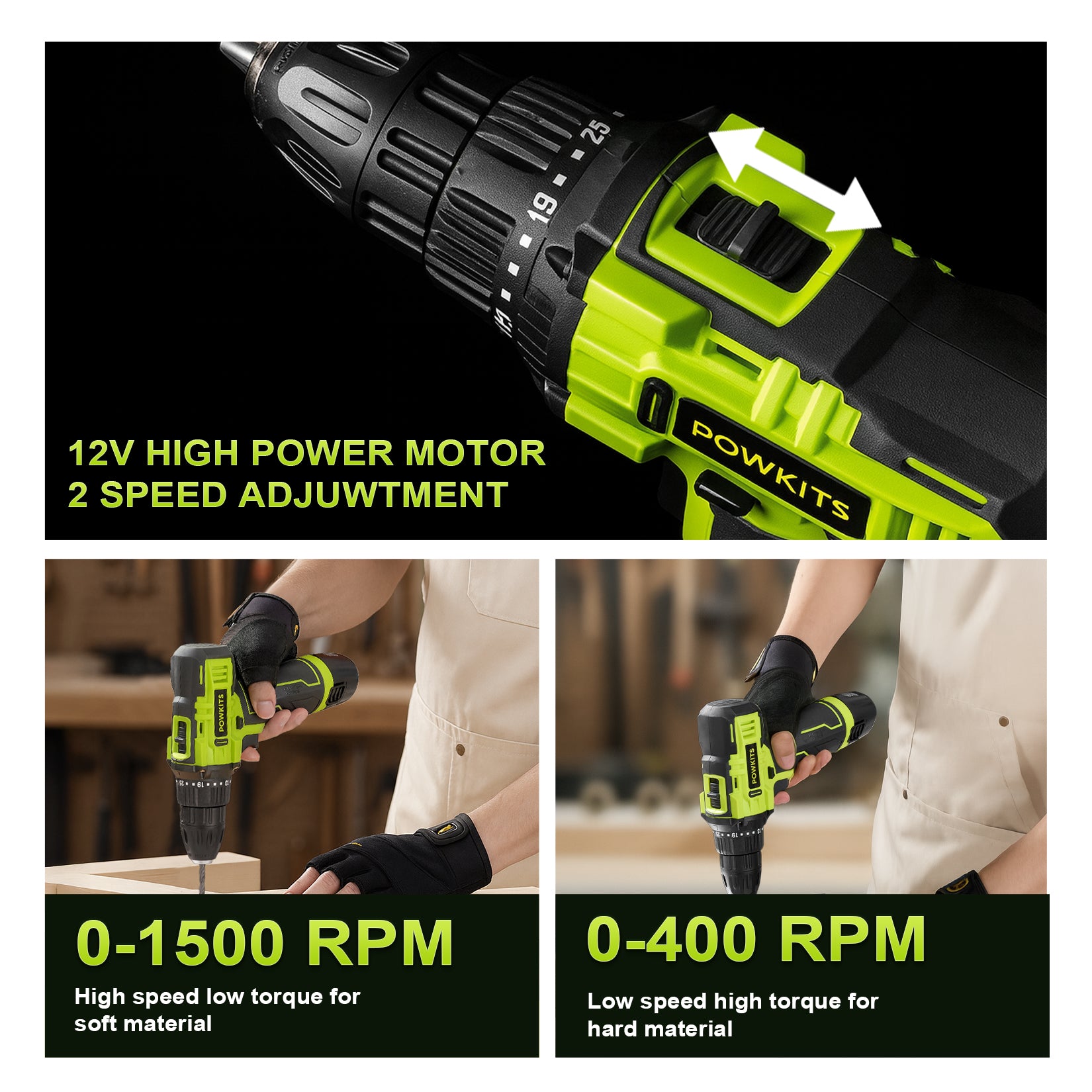 POWKITS Cordless Drill Tool Set: 12V Power Drill Tool Kit with Battery & Charger, 142Pcs