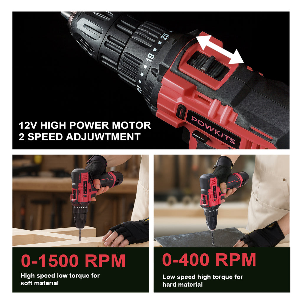 POWKITS Cordless Drill Tool Set: 12V Power Drill Tool Kit with Battery & Charger, 142Pcs