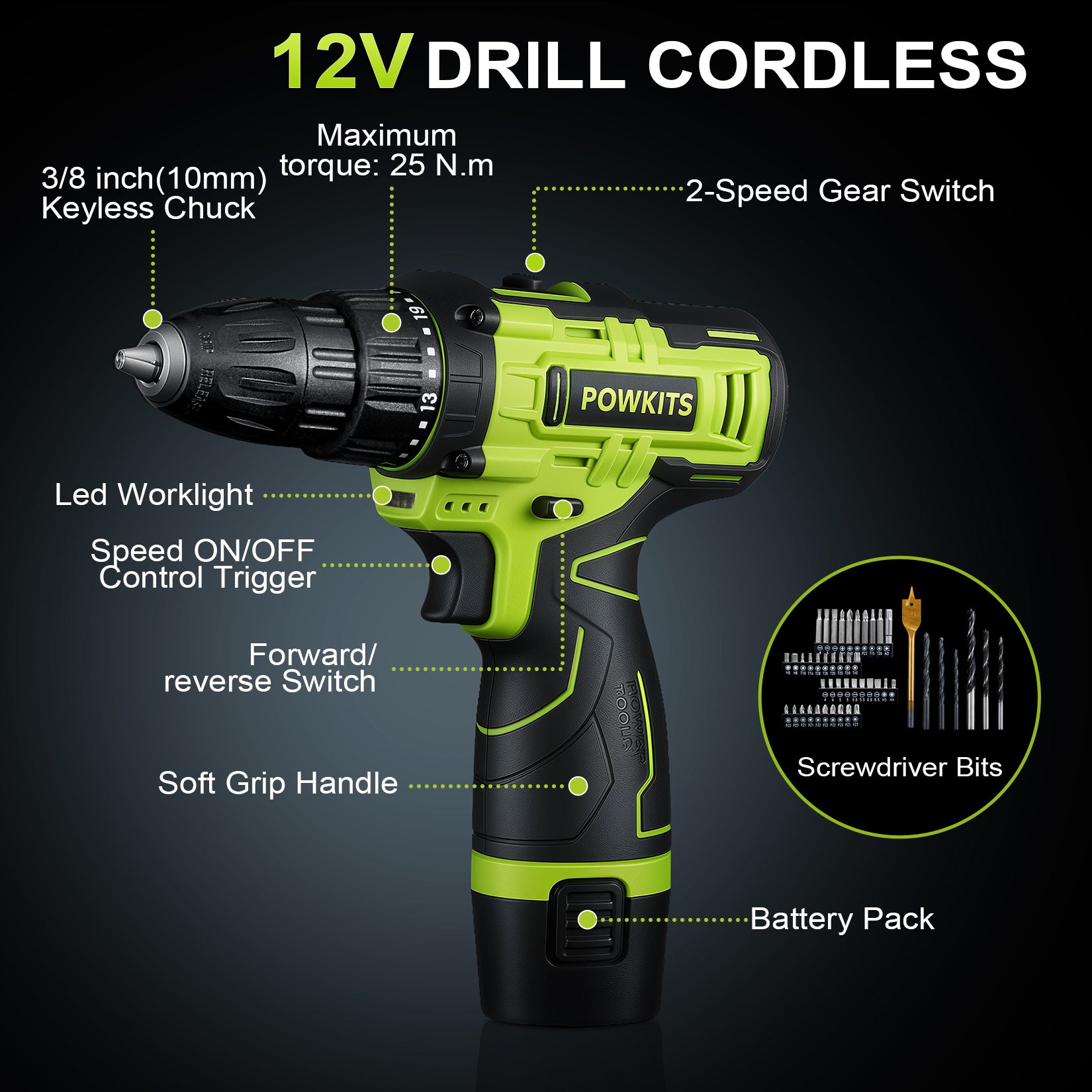 POWKITS Cordless Drill Tool Set: 12V Power Drill Tool Kit with Battery & Charger, 142Pcs