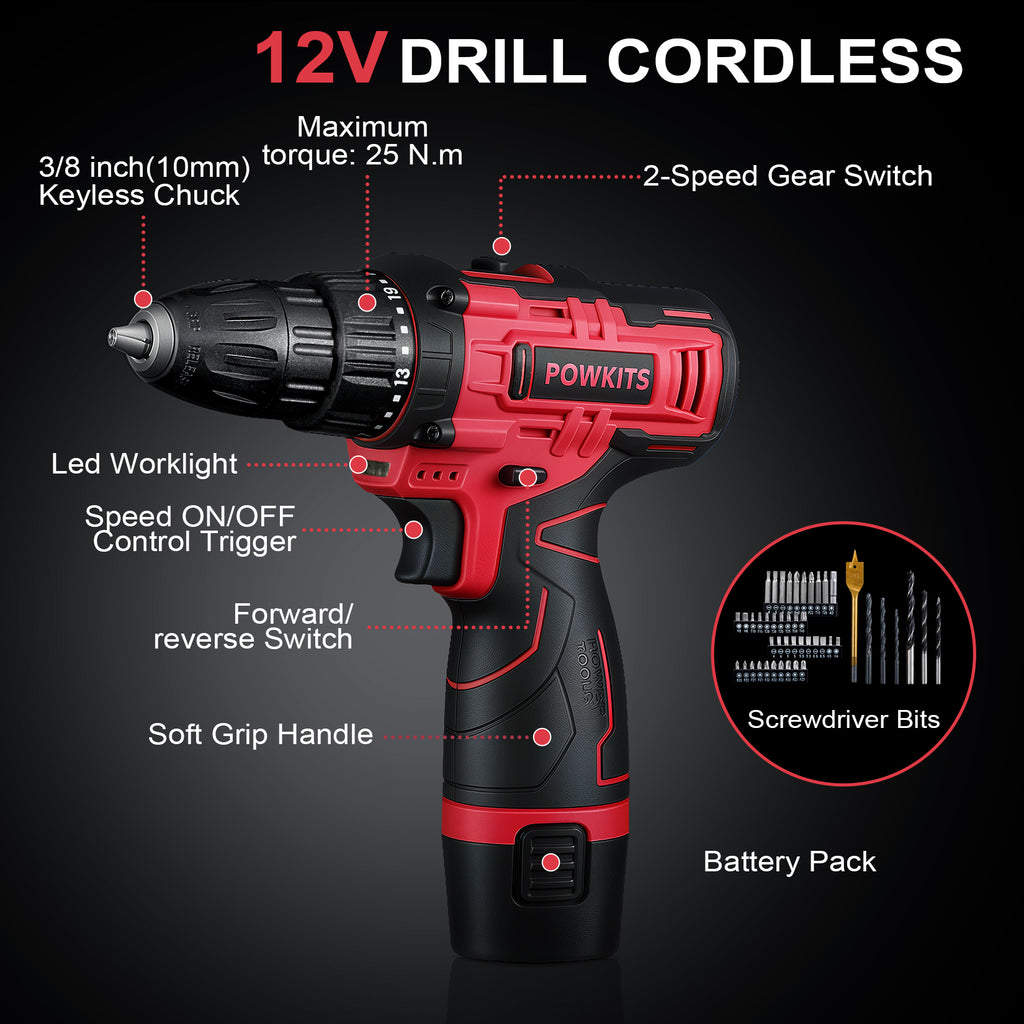 POWKITS Cordless Drill Tool Set: 12V Power Drill Tool Kit with Battery & Charger, 142Pcs