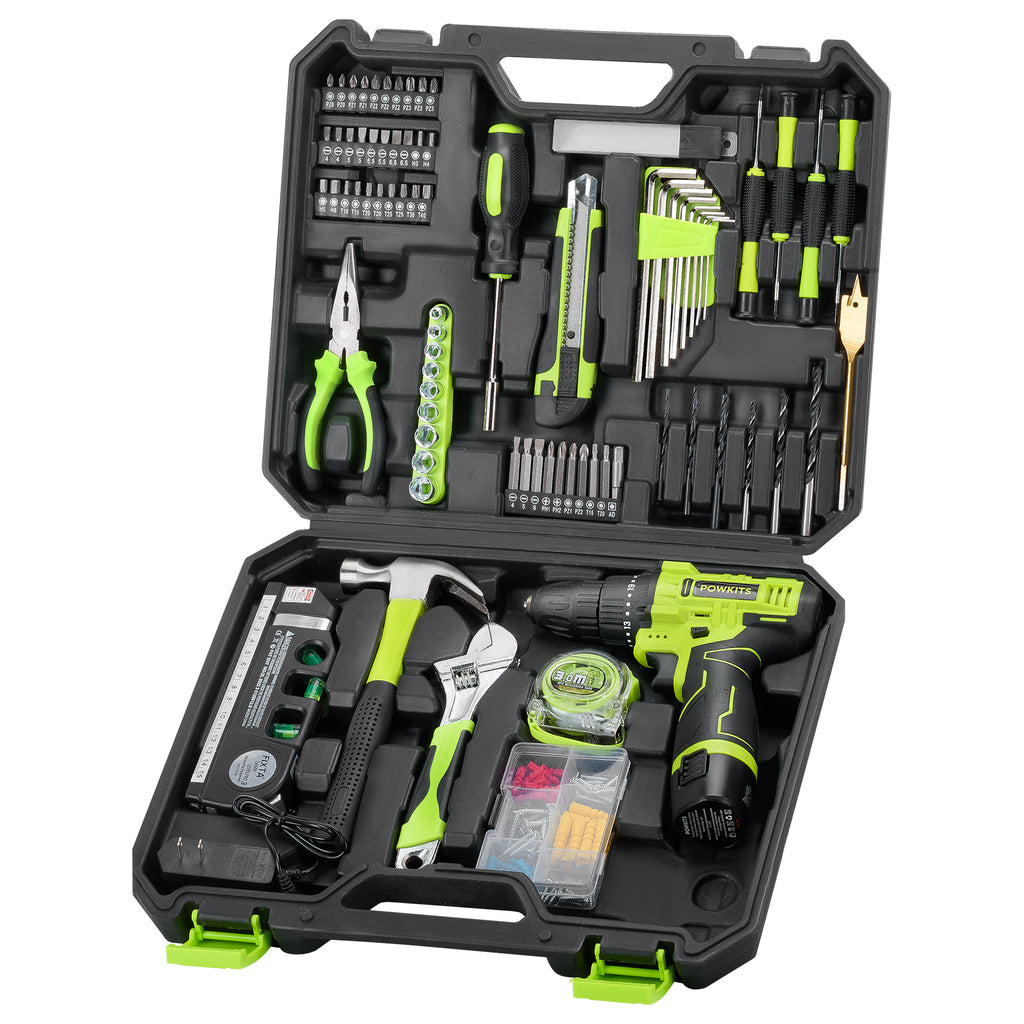 POWKITS Cordless Drill Tool Set: 12V Power Drill Tool Kit with Battery & Charger, 142Pcs