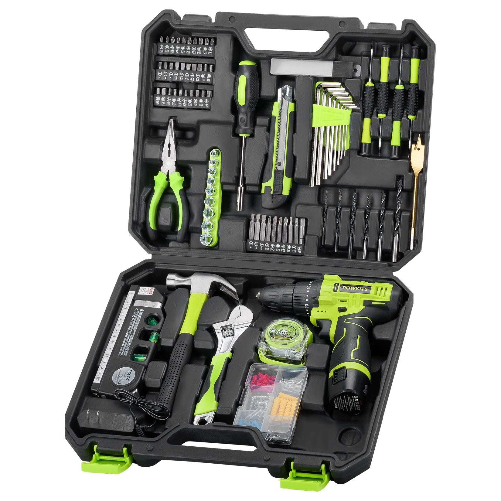 POWKITS Cordless Drill Tool Set: 12V Power Drill Tool Kit with Battery & Charger, 142Pcs