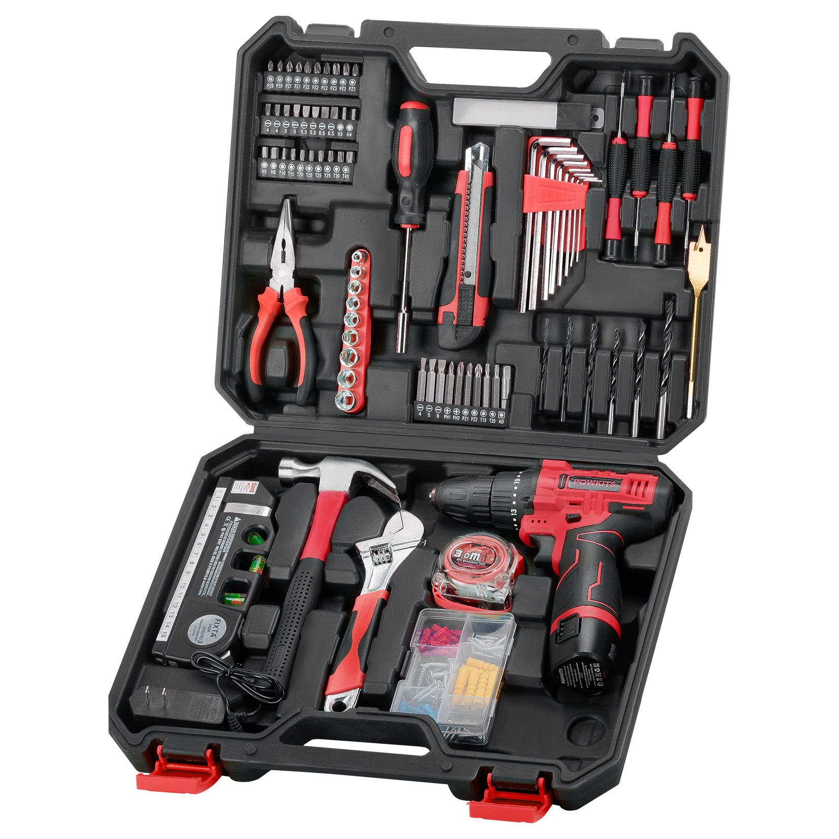 POWKITS Cordless Drill Tool Set: 12V Power Drill Tool Kit with Battery & Charger, 142Pcs